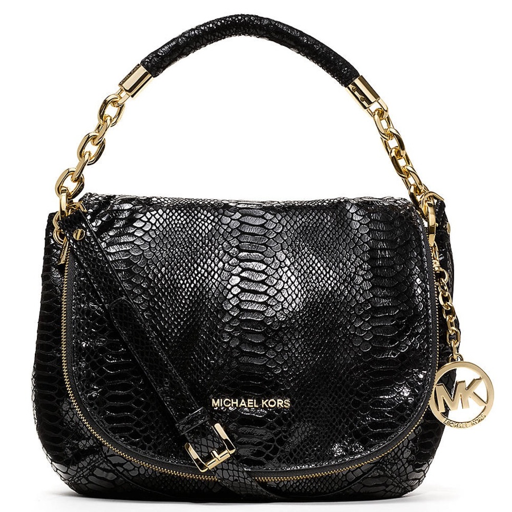 Michael Kors Black and Gold Shoulder Bag with Snakeskin Texture